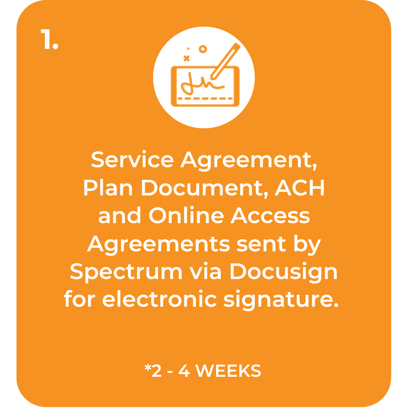 Step 1. Service Agreement Plan Document, ACH and Online Access Agreements sent by Spectrum via Docusign for electronic signature.