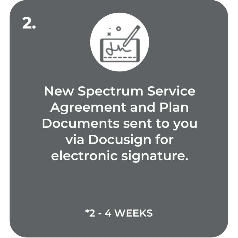 Step 2, New Spectrum Service Agreement and Plan Documents sent to you via Docusign for electronic signature. 2 to 4 weeks