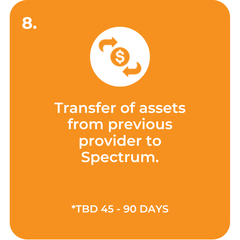 Step 8. Transfer of assets from previous provider to Spectrum. TBD 45 to 90 days