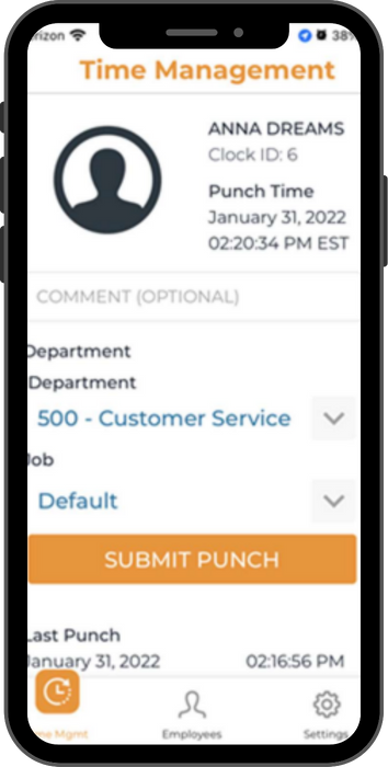 Time Management - "Submit Punch" screen on mobile